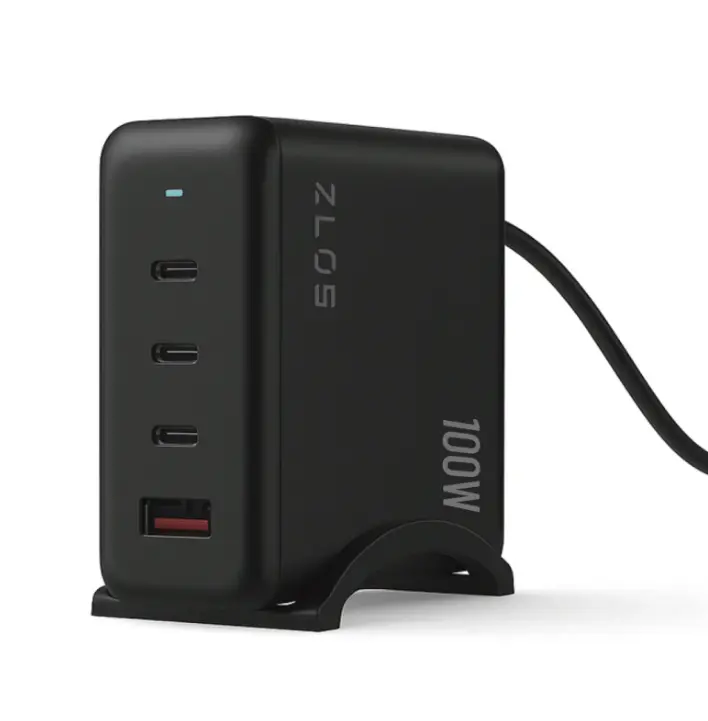 شاحن ZLOS GaN بقوة 100 واط مع 4 منافذ USB-C، يشمل كابل وقاعدة شحن
